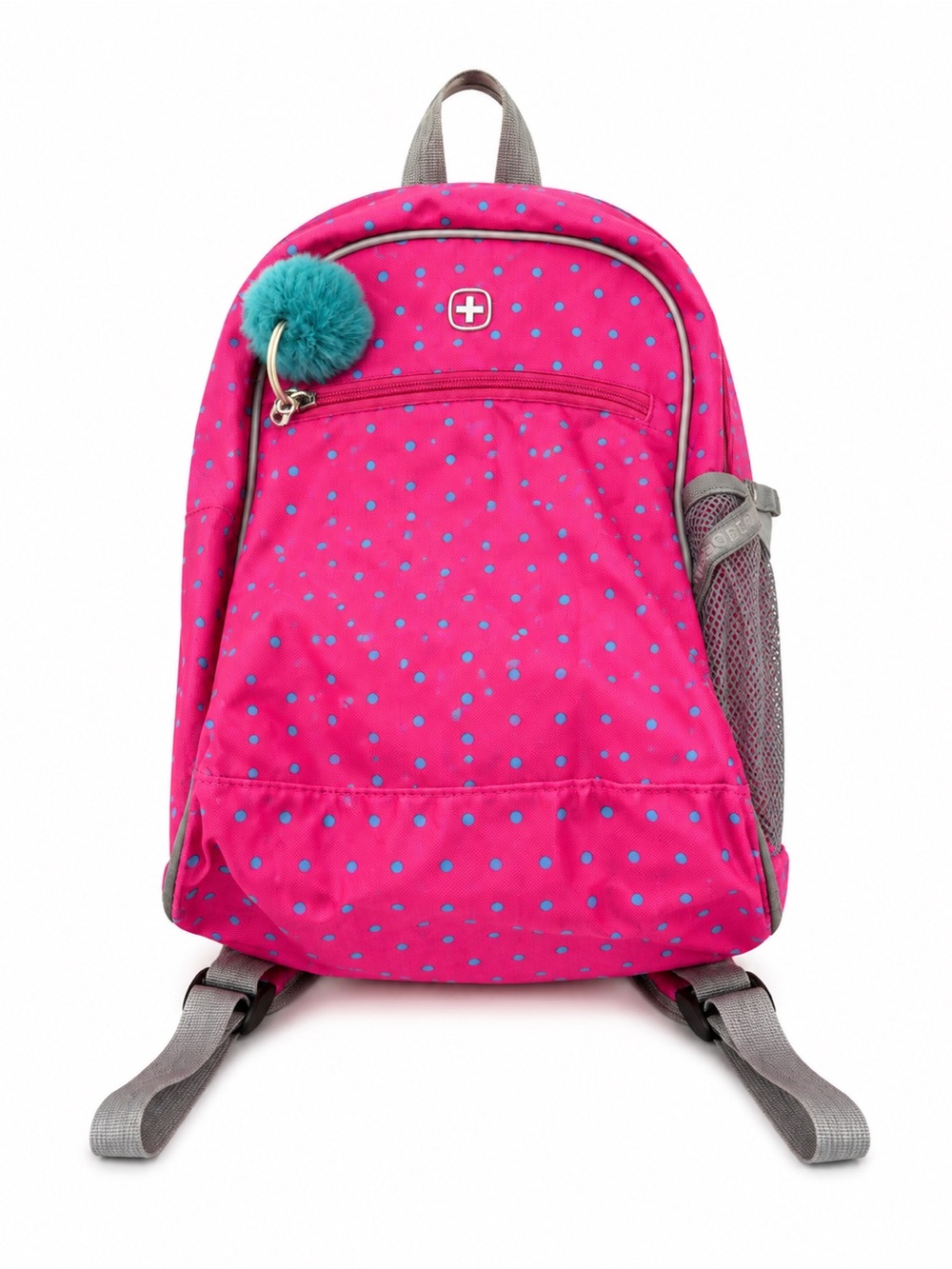 SwissGear Hot Pink Polka Dot Kids Backpack with Teal Pom